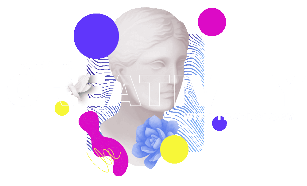 The image is a diagram showing the merging of creativity with technology. It likely includes text, graphics, and elements of graphic design.