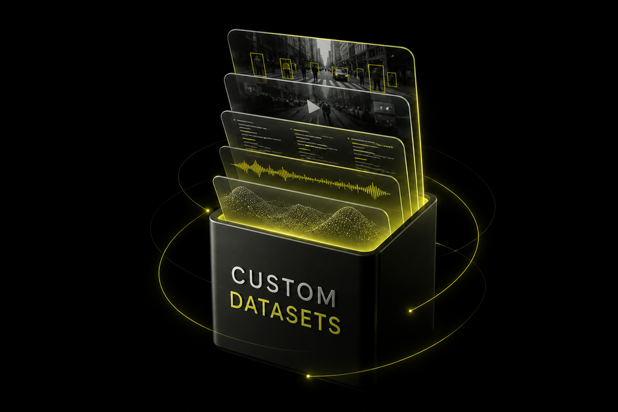 Custom datasets: image, video, text, audio, and structured data assembled to a production brief
